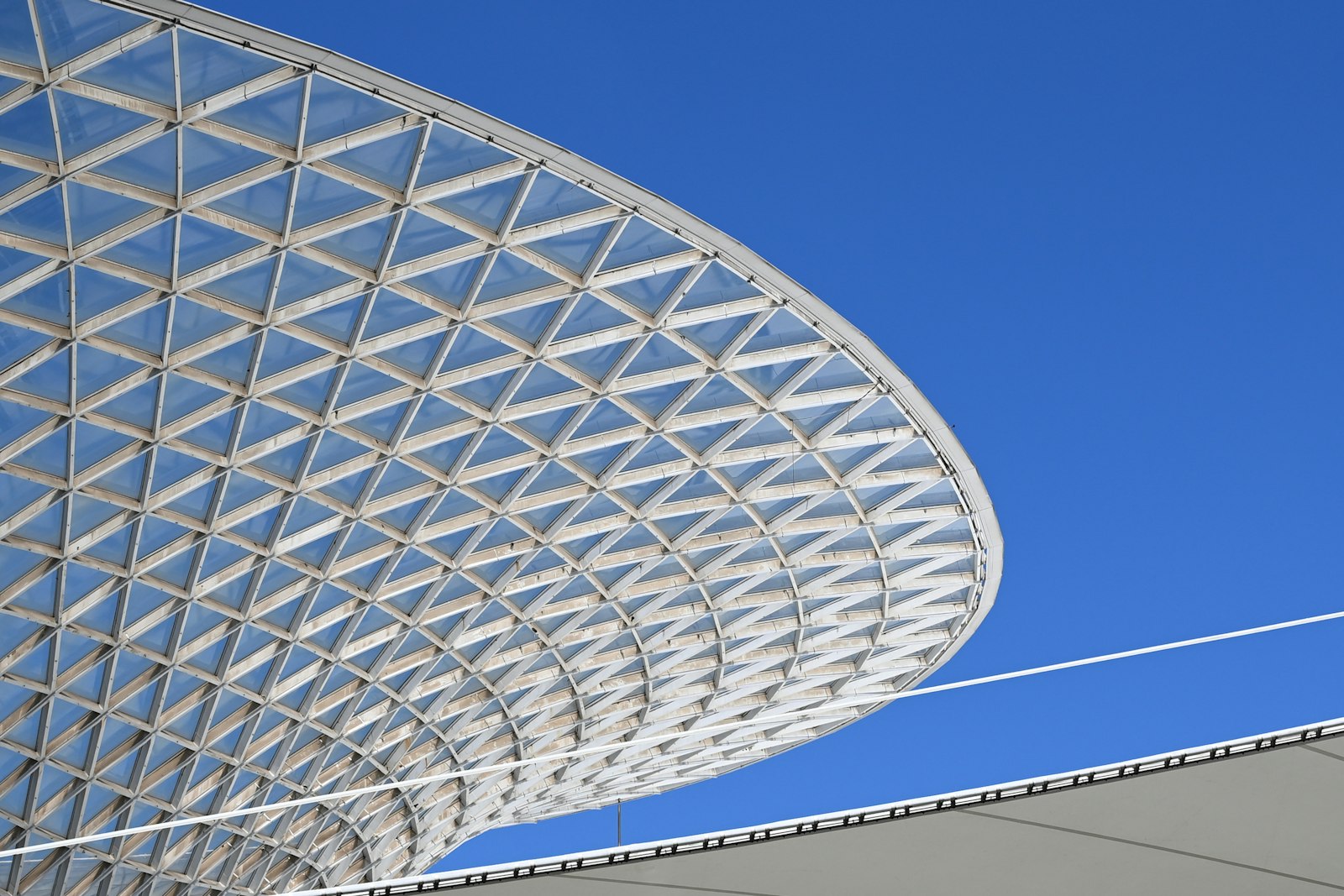 Triangulated lattice canopy against sky